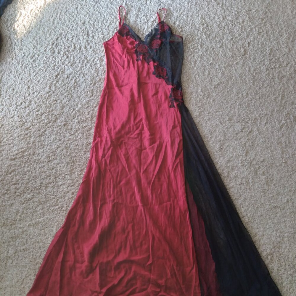 Vintage Y2K Victoria's Secret Red and Black Silk Maxi Dress with Sheer Mesh